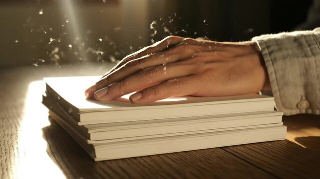 Quiet moment of self reflection hand resting on stacked paper representing struggle healing and self injury awareness day