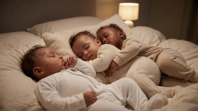 Three diverse babies sleeping soundly together in a cozy bed at night. Multiracial triplets or siblings cuddling in warm lamp light. Childhood and family rest concept