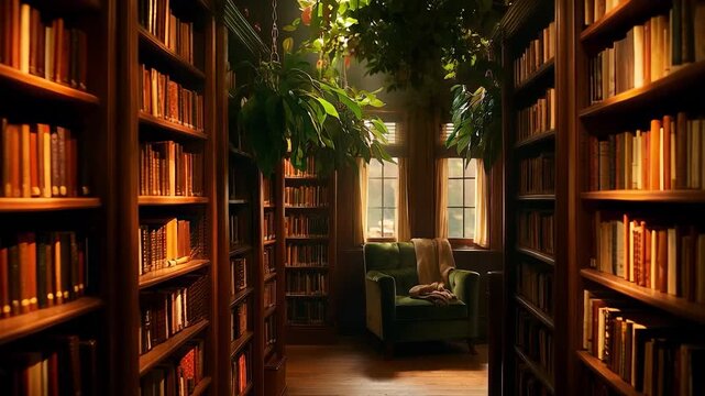 The library features tall shelves filled with books, creating an inviting atmosphere. A green chair sits in the sunlight, surrounded by plants and rows of books.