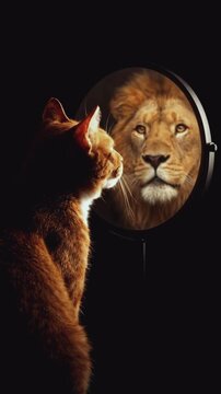 Ginger cat looking in the mirror and seeing a lion reflection. Concept of high self-esteem, confidence and inner power. Motivational animal mindset and strength video