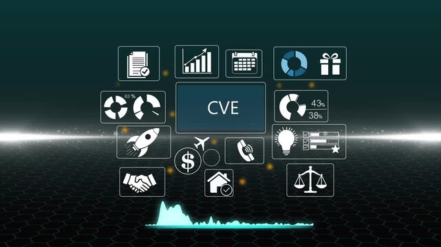 Futuristic HUD interface with CVE acronym in glowing blue concentric circles and digital background