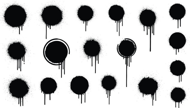 Black Spray Paint Splatter Circles with Dripping Effect on White Background drop
