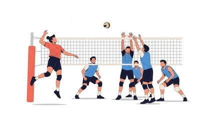 Obraz premium Dynamic Volleyball Action with Team Jump and Spiking in Indoor Court