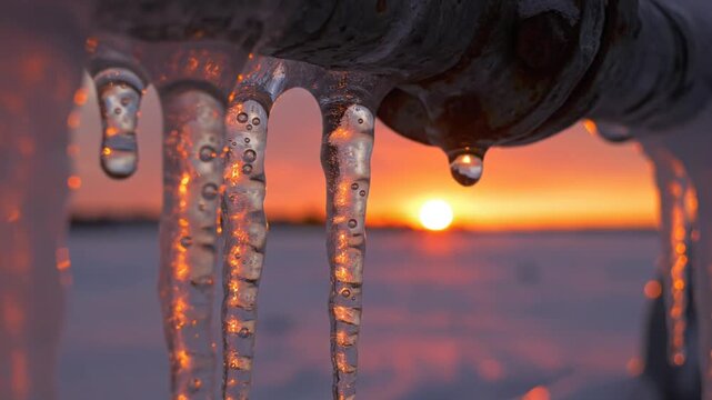 Close-up of icicles hanging from a pipe against a warm, orange sunset