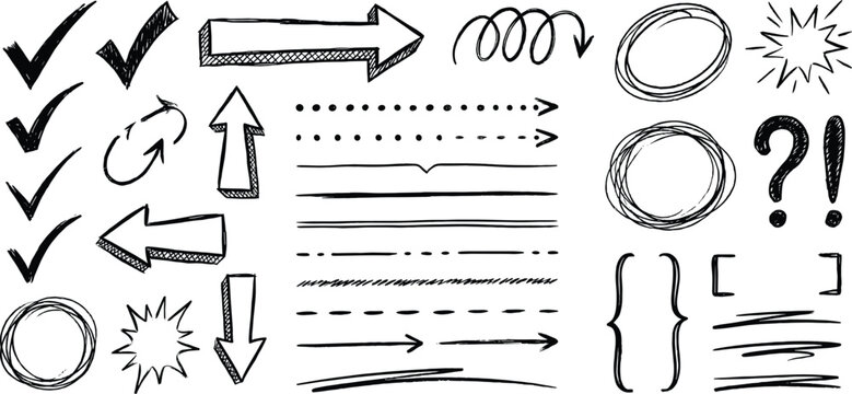 Hand Drawn Doodle Icons Checkmarks Arrows Circles Stars Question Marks Brackets Speech Bubbles check mark
