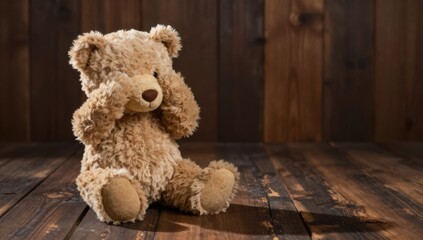 Obraz premium Teddy Bear Covering Eyes on Wooden Background, Childhood Concept, Innocence and Playtime, Selective Focus