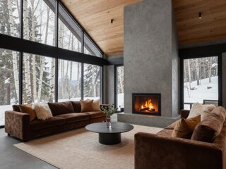 Naklejka premium Modern Living Room with Fireplace and Winter Forest View, Cozy Interior Design with Natural Light