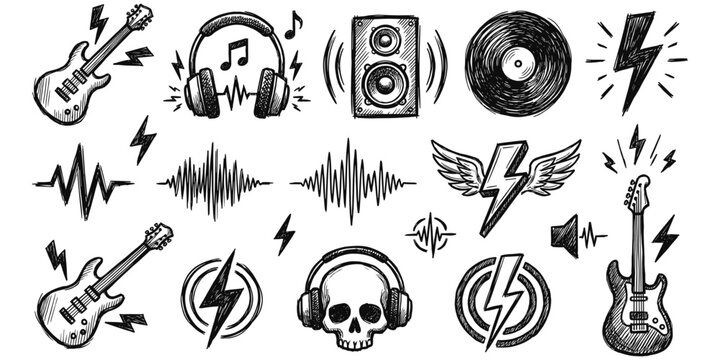 Rock Music and Sound Elements Hand Drawn Collection Keywords: rock music, sound, elements, hand drawn, sketch, guitar, electric