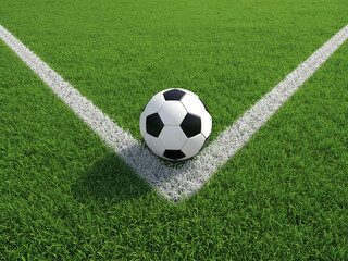 Soccer Ball on Grass at Corner Flag Game Ready Field View