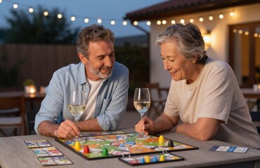 Fototapeta premium Senior Couple Enjoying Board Game and Wine on Patio Under String Lights at Dusk