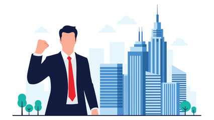 Fototapeta premium Triumphant businessman in a suit with a red tie raising his fist in success against a blue city skyline with tall buildings.