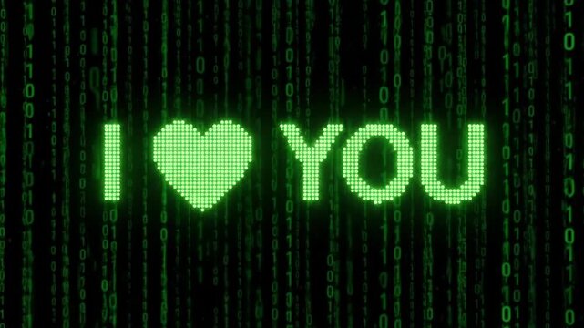 Digital display of glowing green text "I love you" amidst cascading binary code, showcasing a romantic theme with a zoom effect enhancing the emotional connection