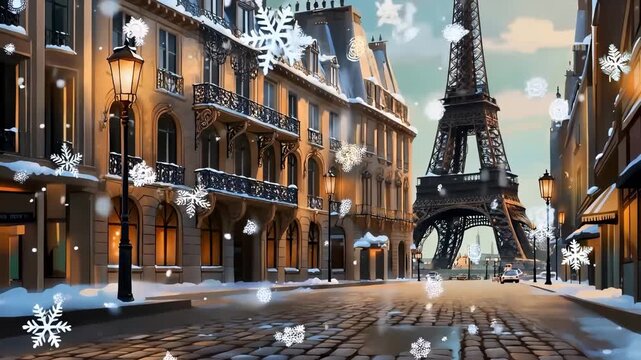 The scene depicts an enchanting Paris street with the Eiffel Tower, where snowflakes fall softly. Cobblestones are lined by elegant buildings, creating a winter wonderland atmosphere.