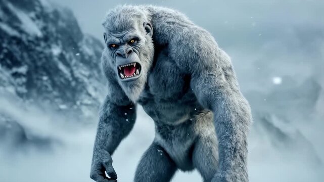 A yeti moves through a snowy landscape in the mountains, looking for food during a winter day