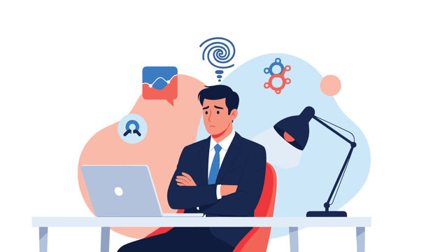 Stressed businessman in suit sitting at office desk with laptop looking worried with spiral symbol representing confusion.