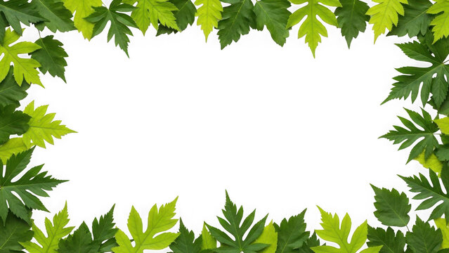 Green maple leaves frame on white background isolated on transparent background