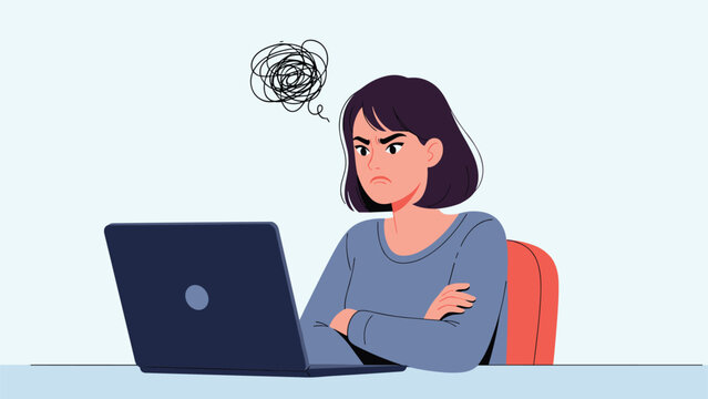Angry woman sitting at laptop with crossed arms showing frustrated expression and scribble bubble representing annoyance.