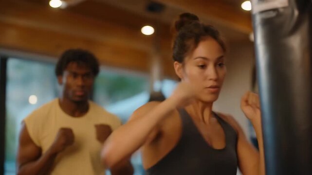 A lively fitness studio showcasing various individuals practicing on a punching bag, promoting the benefits of group workouts and the empowering nature of boxing as a form of exercise and