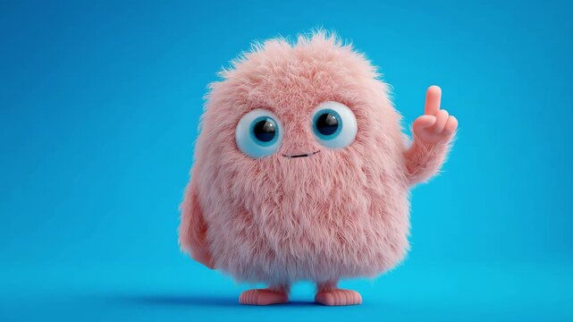 A fluffy character with large eyes raises one hand and points finger up while standing against a blue background