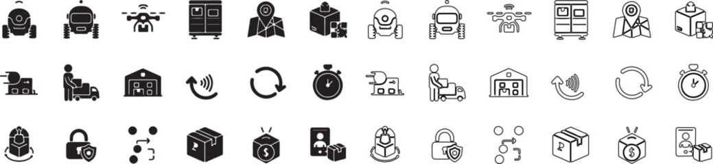 Big set of modern black vector icons. Delivery, logistics, technology, smart home, security, and abstract concepts in solid and line style. isolated PNG with Transparent Background