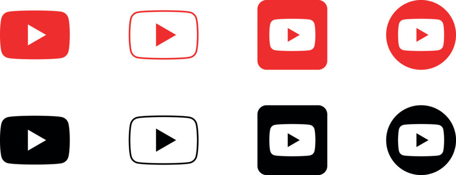 YouTube play button icon set, youtube icon illustration. YouTube application vector icon set. Popular social media app logo collection. Youtube logo set in different shapes. 