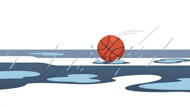 Stylized Illustration of a Basketball Dribbling Over Water Surface in Rainy Scene