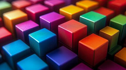 Obraz premium Vibrant arrangement of colorful cubes, showcasing spectrum of rich hues and subtle textures in modern, abstract geometric pattern with dynamic lighting and depth of field