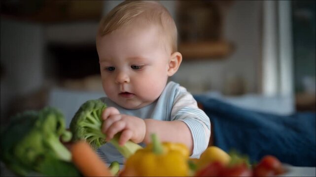 A playful baby wearing a bib examines a colorful array of fruits and vegetables as part of a developmental activity, highlighting early nutrition education and sensory exploration during mealtime.