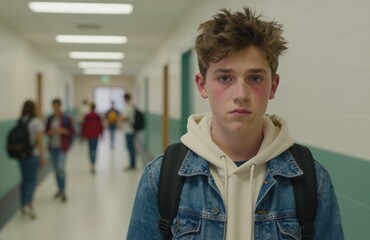 Naklejka premium Teenage Boy with Bruises Looks Anxious and Distressed in School Hallway, Bullying, Sadness, and Mental Health