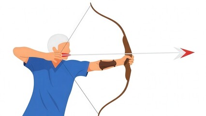 Young Boy Drawing and Shooting an Arrow with a Bow in Action