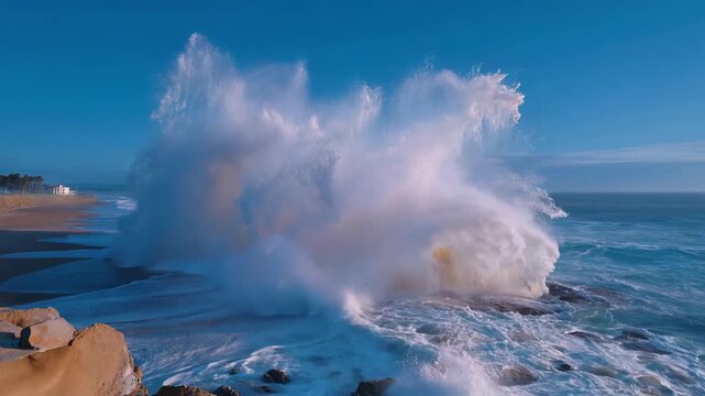 In a cinematic view, the moment an asteroid hits the ocean unfolds, where colossal waves crash and erupt, illustrating the catastrophic influence of celestial bodies colliding with Earth&rsquo;s vital