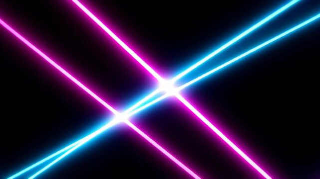 Abstract background of blue and pink neon laser lines moving and crossing on a black background
