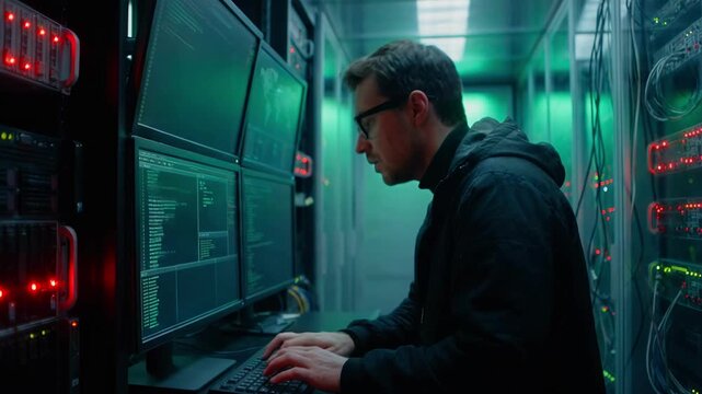 Male IT technician working on a computer in a modern server room. System administrator typing code on keyboard amidst racks of blinking data lights. Cyber security and network concept