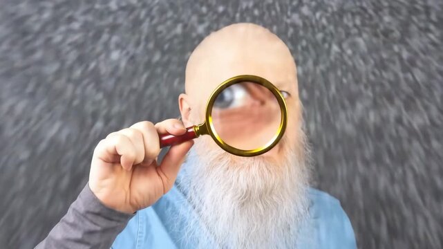 Man holds a magnifying glass and looks closely at different things, showing different reactions while exploring what he sees at his home.