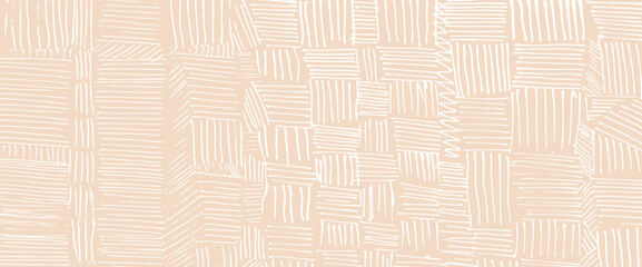 Fototapeta premium Beige rustic small dash pattern. Crosshatch hand drawn texture. Pencil strokes form geometric textile design. Crayon linear vintage paper overlay with rough grunge aesthetic. Vector beige tribal bg.
