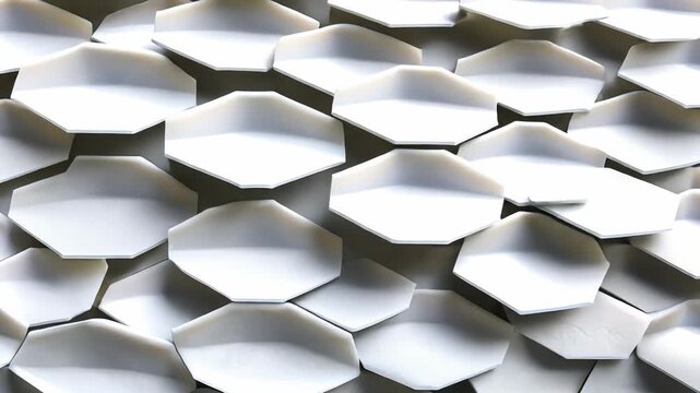White hexagonal tiles create a dynamic, textured surface, constantly shifting and transforming