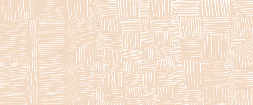 Beige rustic small dash pattern. Crosshatch hand drawn texture. Pencil strokes form geometric textile design. Crayon linear vintage paper overlay with rough grunge aesthetic. Vector beige tribal bg.