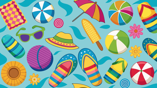 Colorful assortment of beach and summer-themed floating objects on a vibrant background Vector