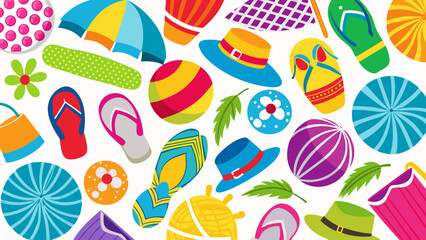 Colorful assortment of summer footwear and accessories on a bright background Vector