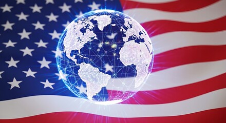 Fototapeta premium American Flag and World Map Symbolizing Global Economic Cooperation and International Collaboration