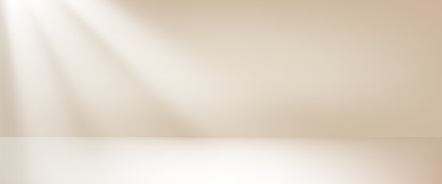 Studio room gradient background with sunlight window. Light neutral wall product room. Minimal pastel table for fall, autumn scene. Empty desk stage for presentation. Vector template illustration.