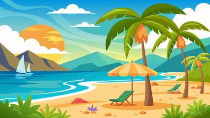 Obraz premium Tranquil tropical beach scene with palm trees and clear blue skies Vector