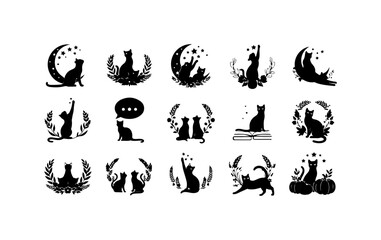 Obraz premium Elegant Black Cat Silhouettes with Celestial and Floral Accents