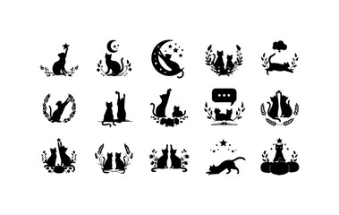 Obraz premium Black and White Cat Silhouette Icons Set