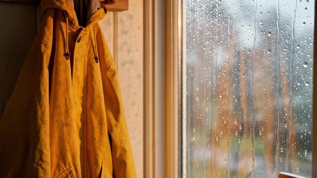 A yellow jacket hangs on a hook beside a rain-soaked window with blurred background