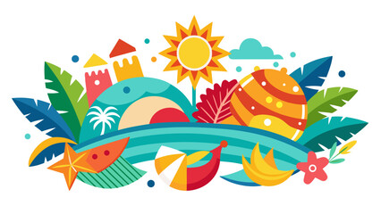 Vibrant celebration with colorful flowers, fruits, and summer elements under a bright sun Vector