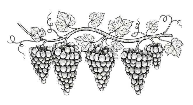 Bunches of Grapes on Vine Branch.