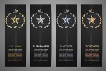 Set of black banners, Gold, platinum,silver and bronze star, Vector illustration.l
