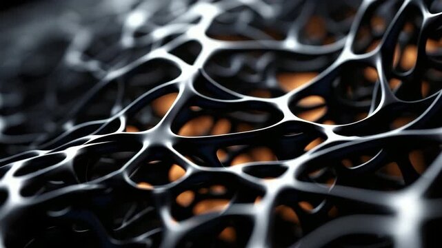 An abstract structure shows a pattern of black and orange forms. The shapes connect in a detailed and intricate way, revealing unique designs with depth.