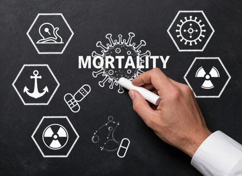 Chalk drawing of "MORTALITY" and a coronavirus icon surrounded by hexagonal symbols representing global risks, disease causes, and public health threats on a blackboard.